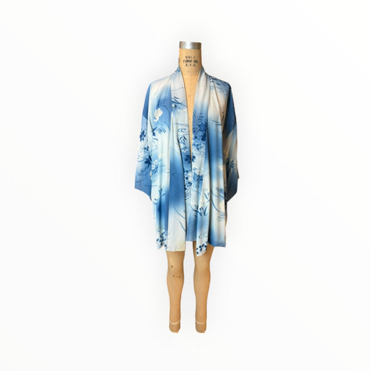 Blue Refashioned Silk Kimono with Sash