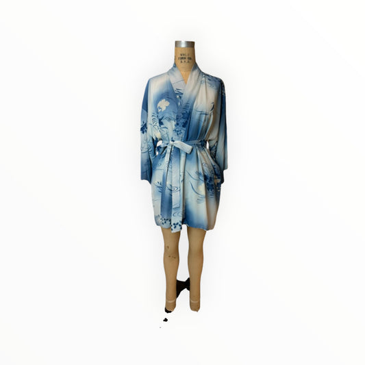 Blue Refashioned Silk Kimono with Sash