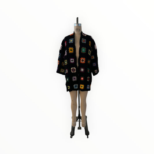 Brights & Black Granny Square Car Coat Sweater