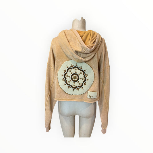 Crop Burnt Sand Crewel Embroidery Hoodie Sweatshirt