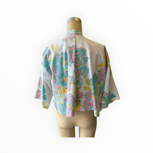 Teal & Pink Floral Short Linen Kimono