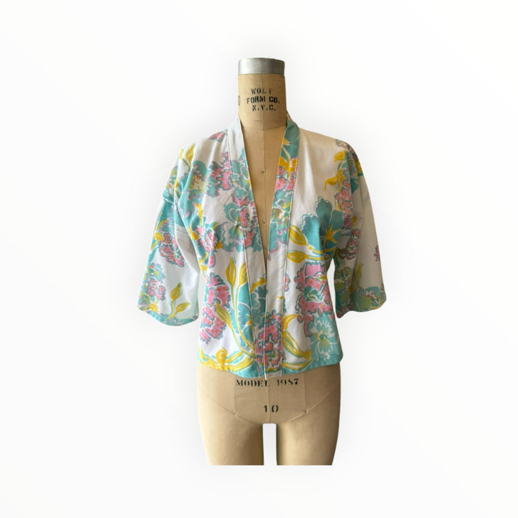 Teal & Pink Floral Short Linen Kimono