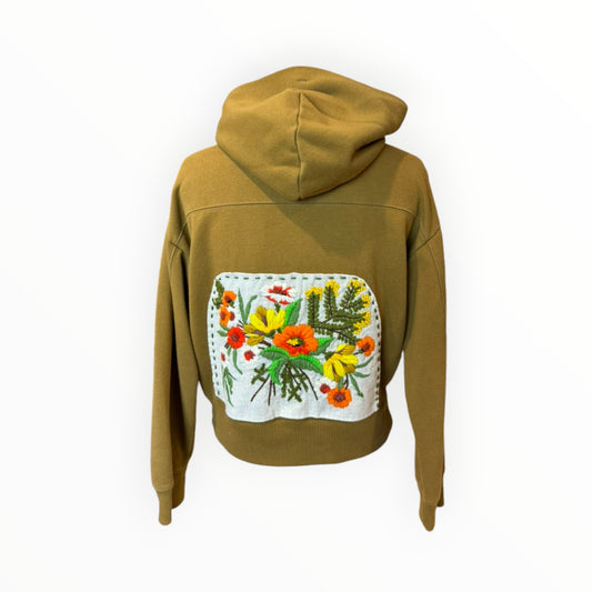 Brown Crewel Floral Embroidery Hoodie