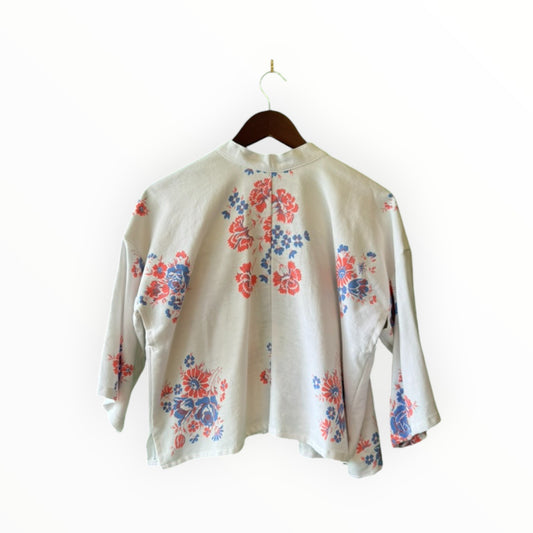 Short Linen Red & Blue Floral Kimono