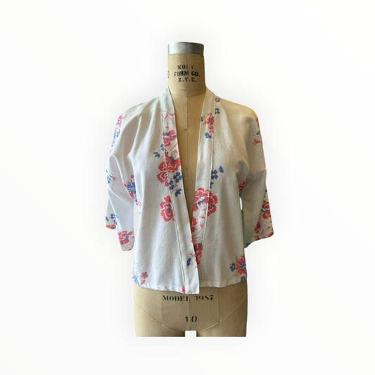 Short Linen Red & Blue Floral Kimono